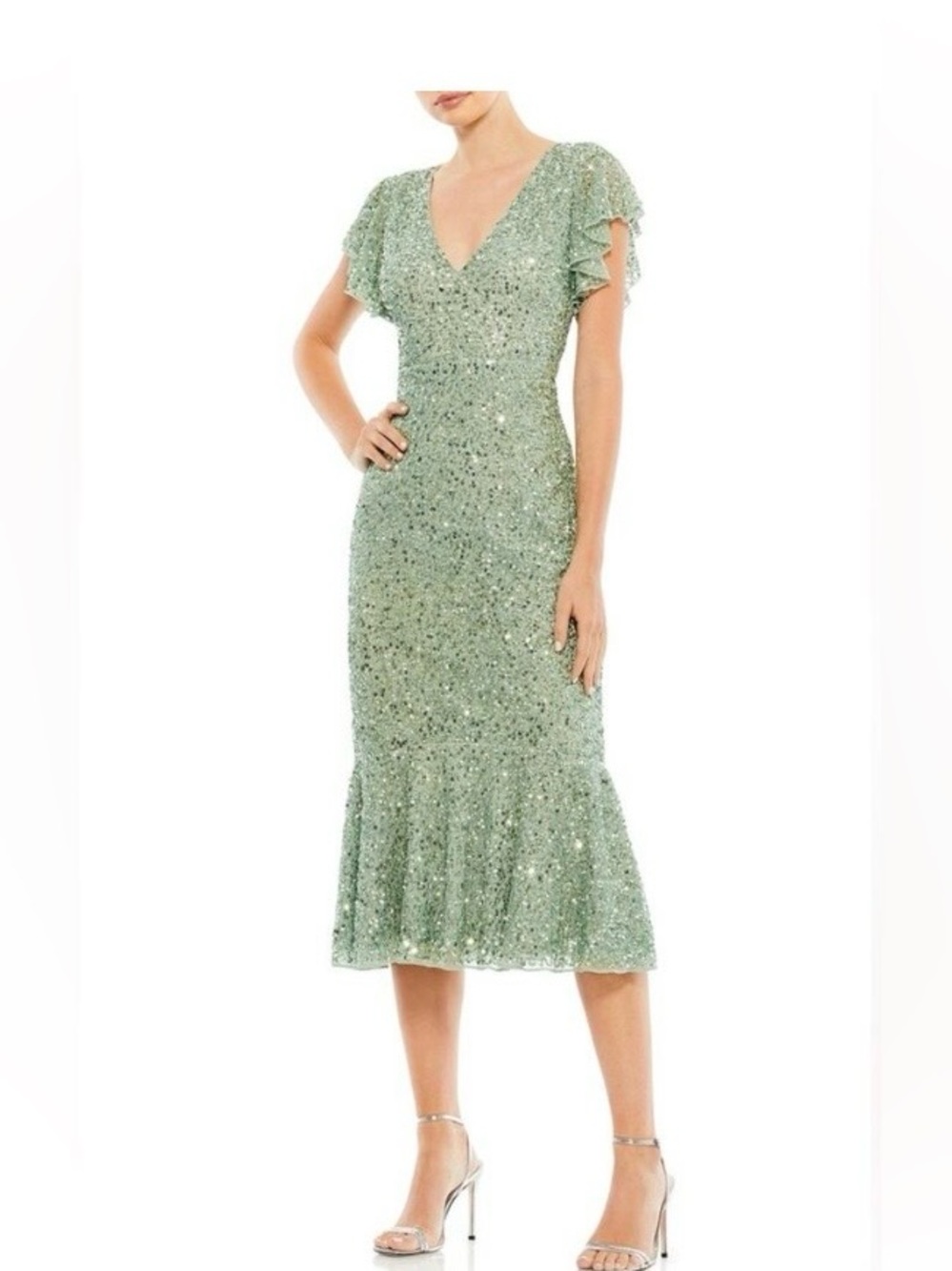Mac Duggal, Sequin Ruffle Midi Gown, Sage, Size 2 - NWT!!